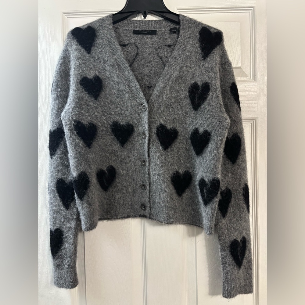 All Saints Gray Cardigan with Black Hearts